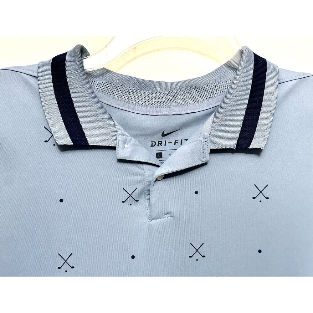 Nike Men's Dri-Fit Golf Polo Light Blue Navy Club Ball Print Large Short Sleeve